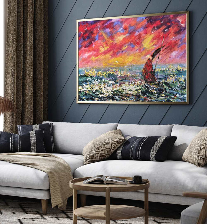 Vibrant RED SKY BOAT, LANDSCAPE PAINTINGS enhancing a modern living space with stunning colors and serene nature.