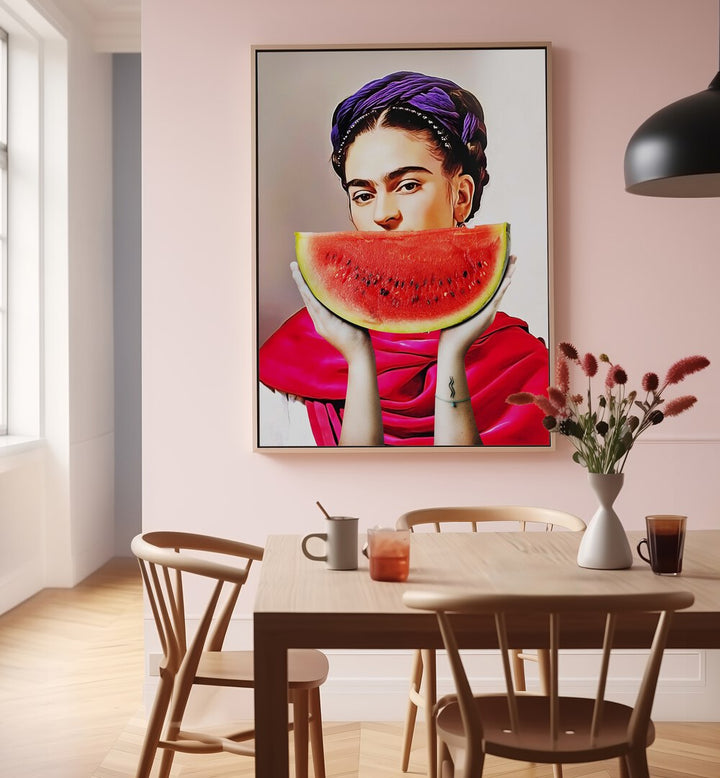 Vibrant WATERMELON FRIDA, ALTERED ART PRINTS by Dikhotomy, blending color and culture in a stunning design.