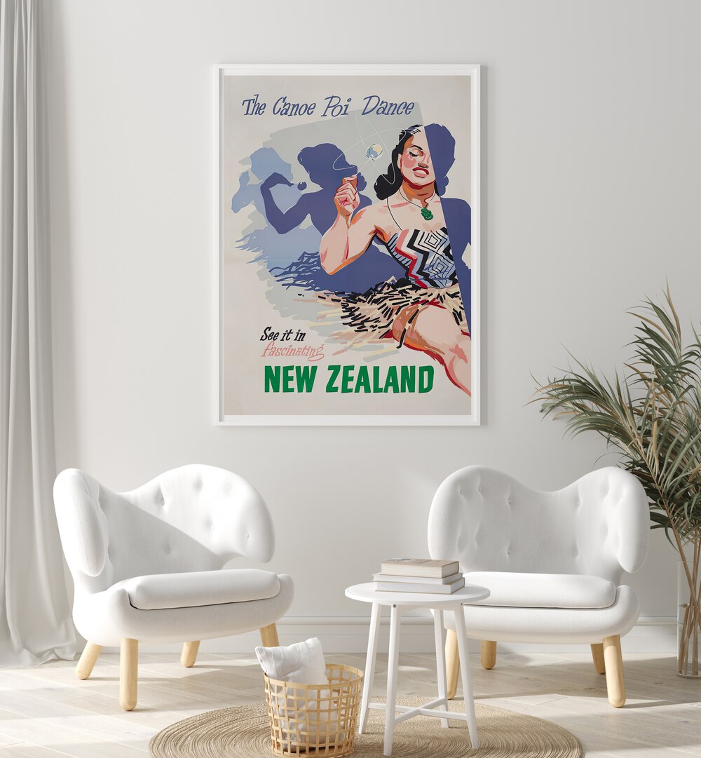 Explore the vibrant Canoe Poi Dance in our NEW ZEALAND III , VINTAGE TRAVEL POSTERS, perfect for travel lovers.