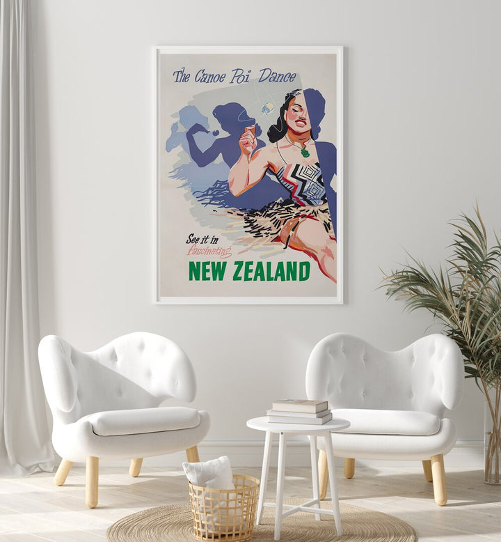 Explore the vibrant Canoe Poi Dance in our NEW ZEALAND III , VINTAGE TRAVEL POSTERS, perfect for travel lovers.