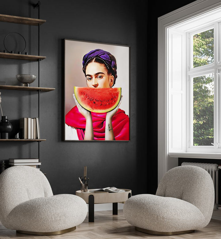 Vibrant Watermelon Frida altered art prints by Dikhotomy, capturing Frida Kahlo's essence in a colorful design.