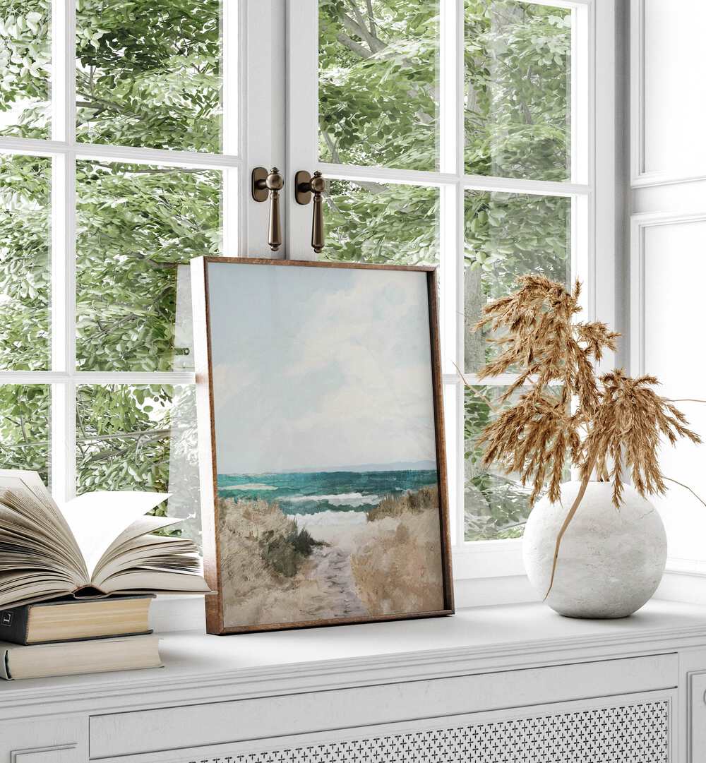 Serene BEACH PATH, LANDSCAPE PAINTINGS adorn a stylish window display, enhancing your coastal-inspired decor.