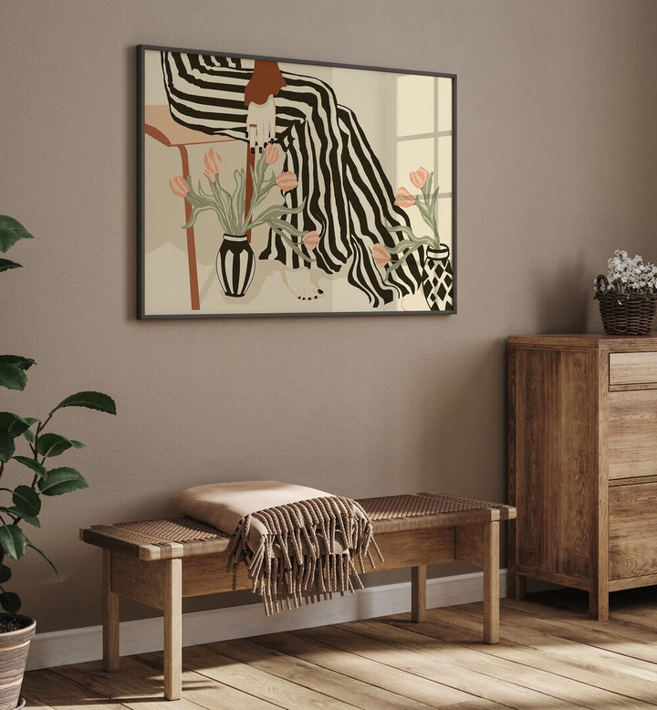 Boho art painting "TULIPS BY MY FEET" showcases elegant tulips in a stylish home setting, enhancing decor charm.