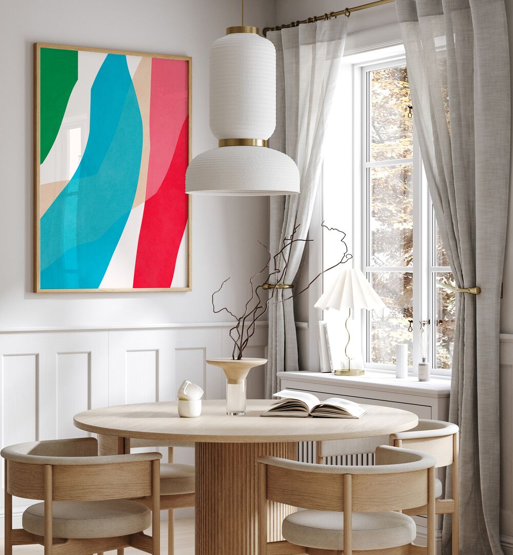 Bright and vibrant EXPRESSIVE STROKES, ABSTRACT PAINTINGS enhance this chic dining space with creativity and color.