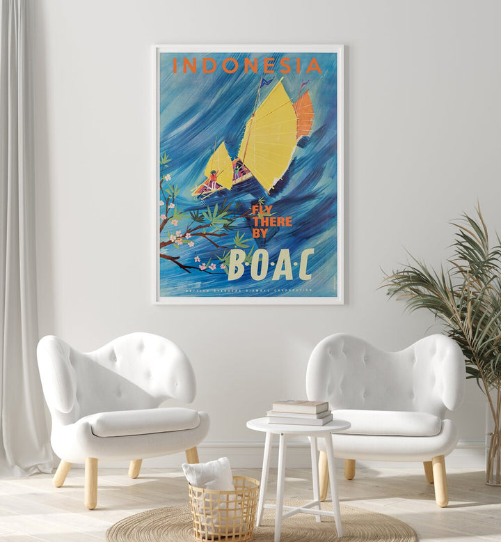 Brightly colored INDONESIA I , VINTAGE TRAVEL POSTERS showcasing a traditional sailboat, perfect for home decor.