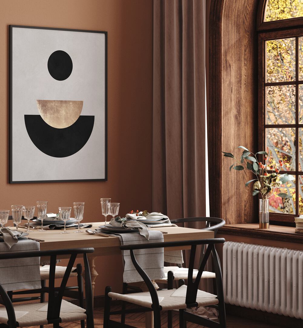 Modern interior featuring LINES AND CIRCLES XXII, GEOMETRIC ART PRINTS, enhancing elegance and simplicity.