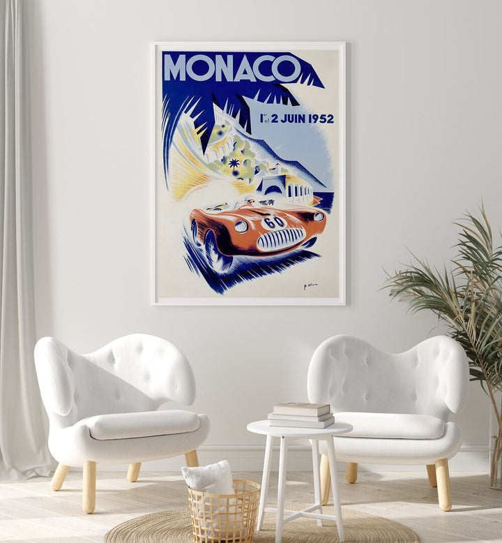 Stylish MONACO I, VINTAGE TRAVEL POSTERS showcase a classic car against a vibrant backdrop of Monaco's elegance.