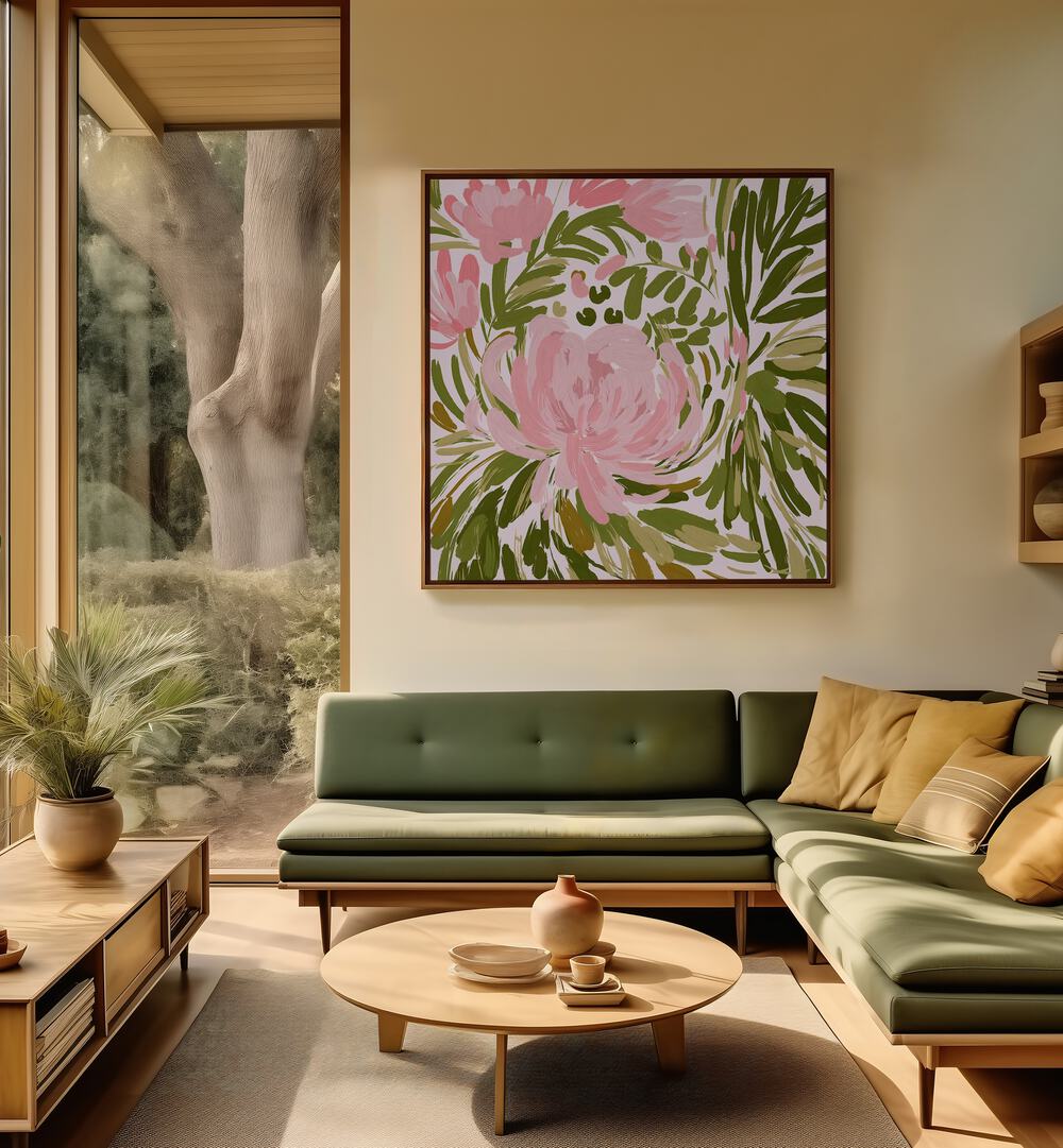 Vibrant PROJECT ROSE, FLORAL FLOWER PAINTINGS complement a stylish living room with elegant decor and natural light.