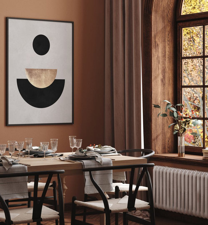 Stylish LINES AND CIRCLES XXIV, GEOMETRIC ART PRINTS enhancing a modern dining space with elegance and creativity.