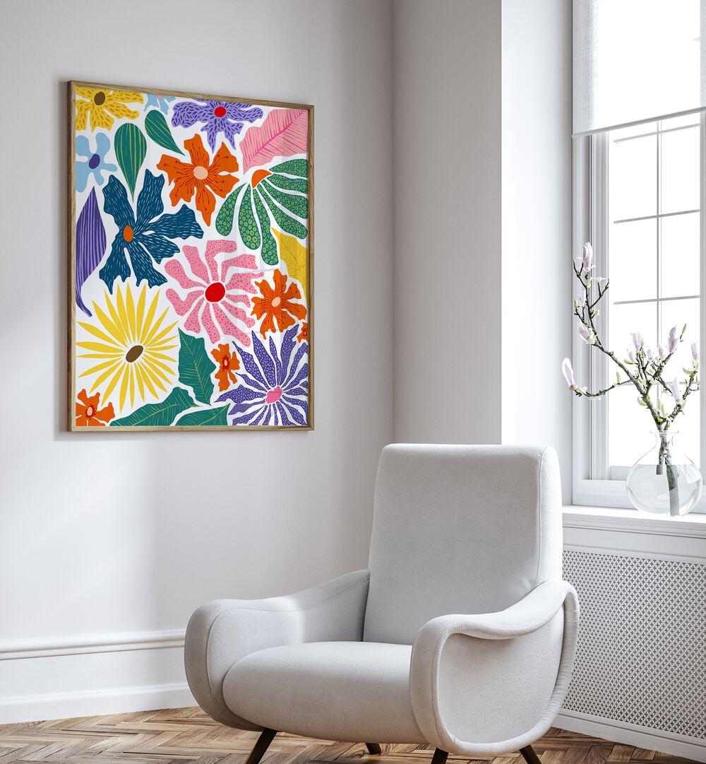 Bright and colorful wall art from THE HAPPY GARDEN, FLORAL FLOWER PAINTINGS collection by Uma Gokhale.