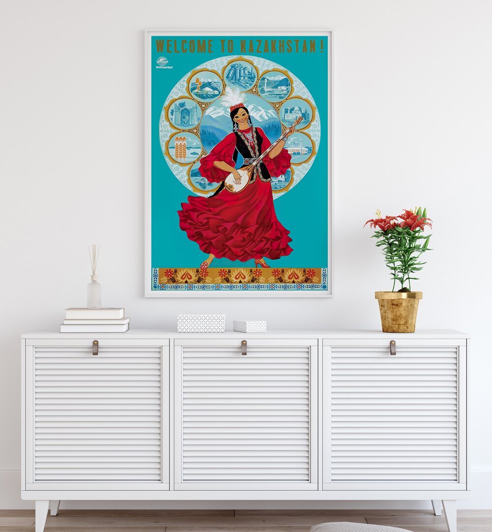 Colorful KAZAKHSTAN, VINTAGE TRAVEL POSTERS showcasing a dancer in traditional attire, perfect for home decor.
