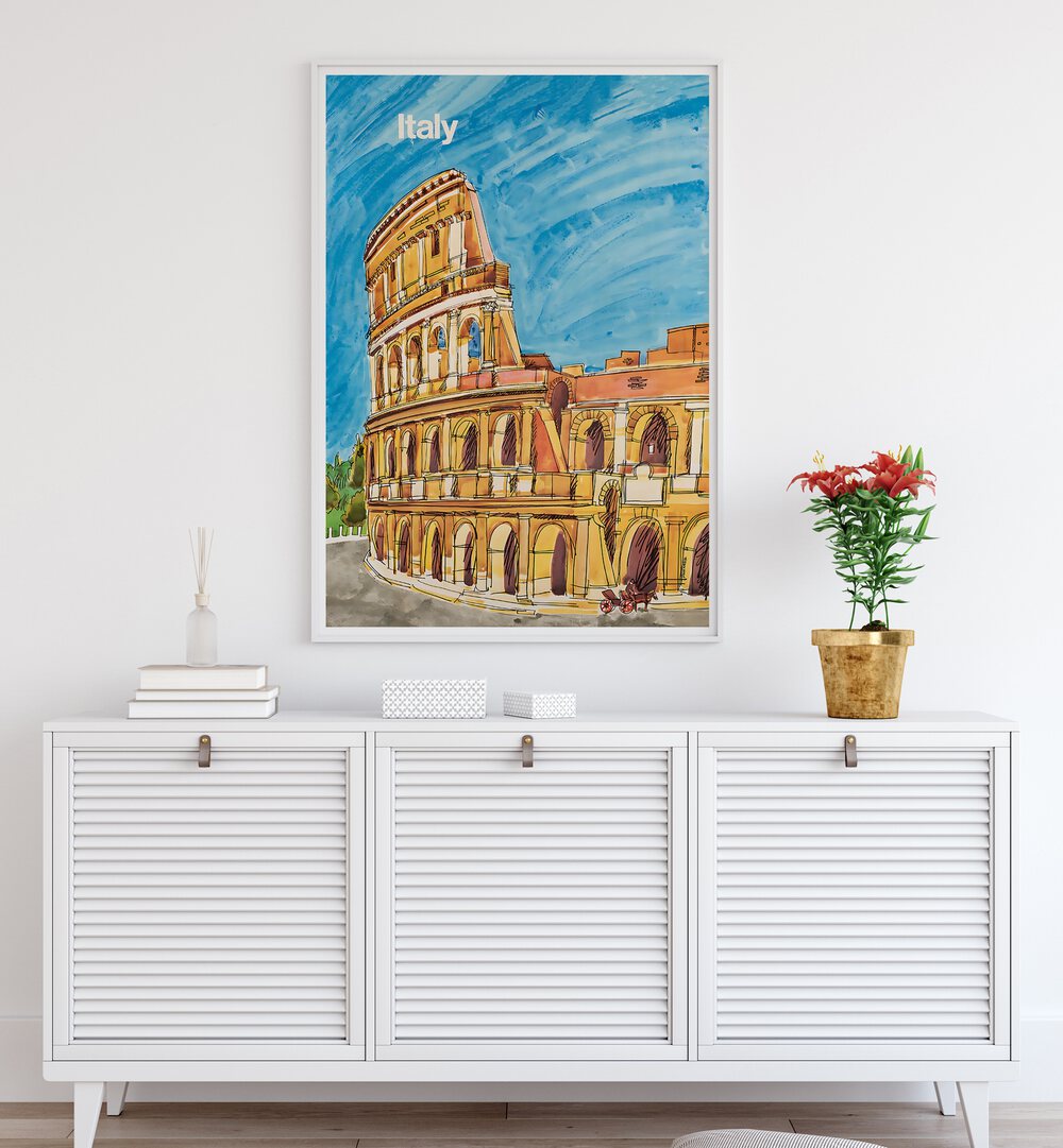 Vibrant ITALY III, VINTAGE TRAVEL POSTERS showcasing the iconic Colosseum in a stylish interior setting.
