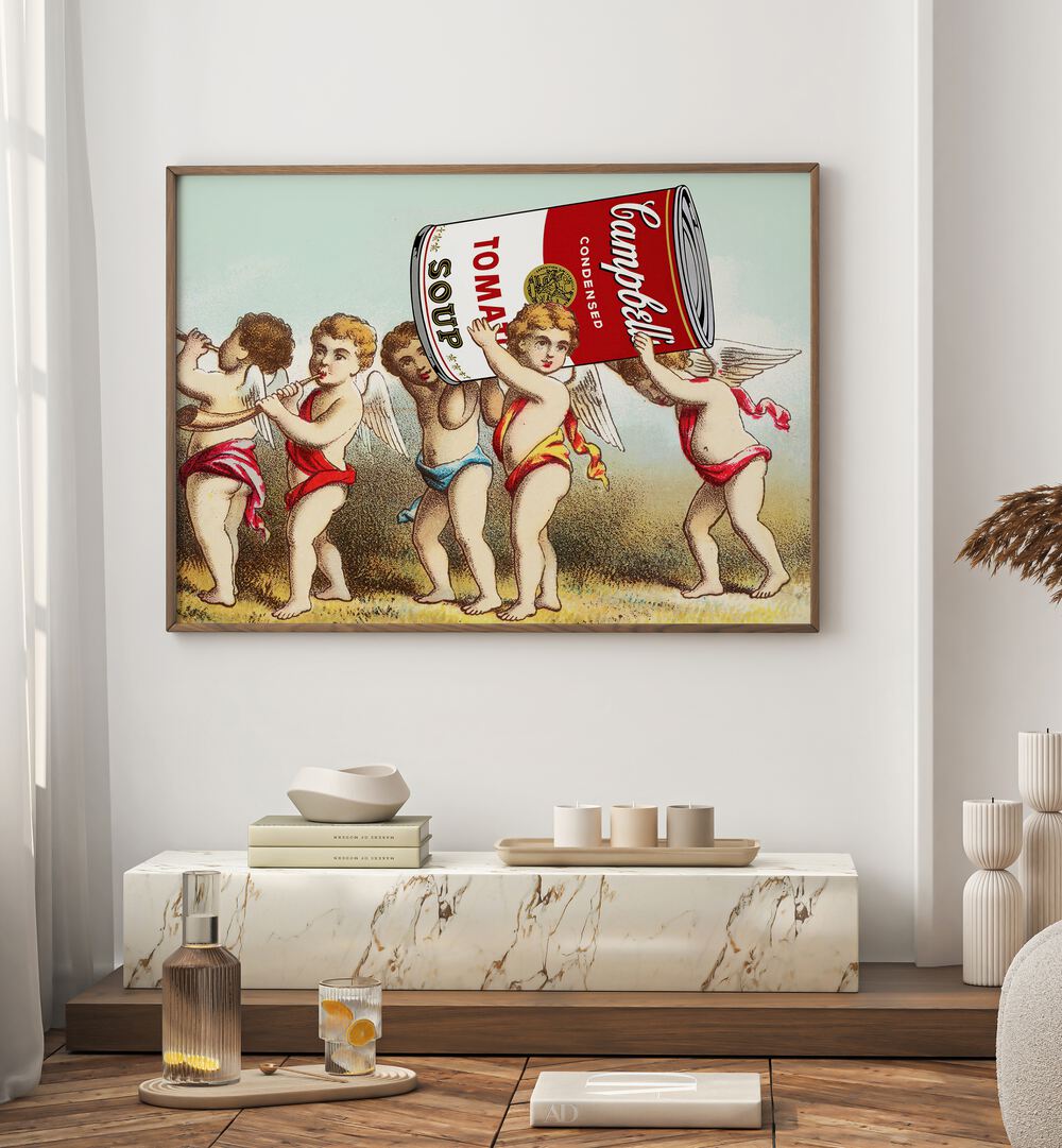 Charming children carrying a giant soup can in the WE HAVE A SNACK, ALTERED ART PRINTS by Dikhotomy, perfect for any space.