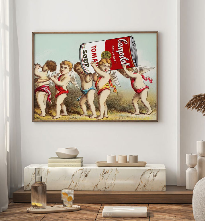 Charming children carrying a giant soup can in the WE HAVE A SNACK, ALTERED ART PRINTS by Dikhotomy, perfect for any space.