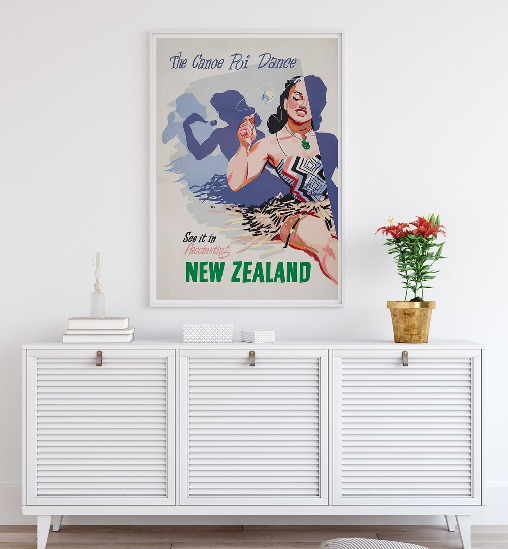 Canoe Poi Dance vintage travel poster showcasing the beauty of New Zealand III, VINTAGE TRAVEL POSTERS.