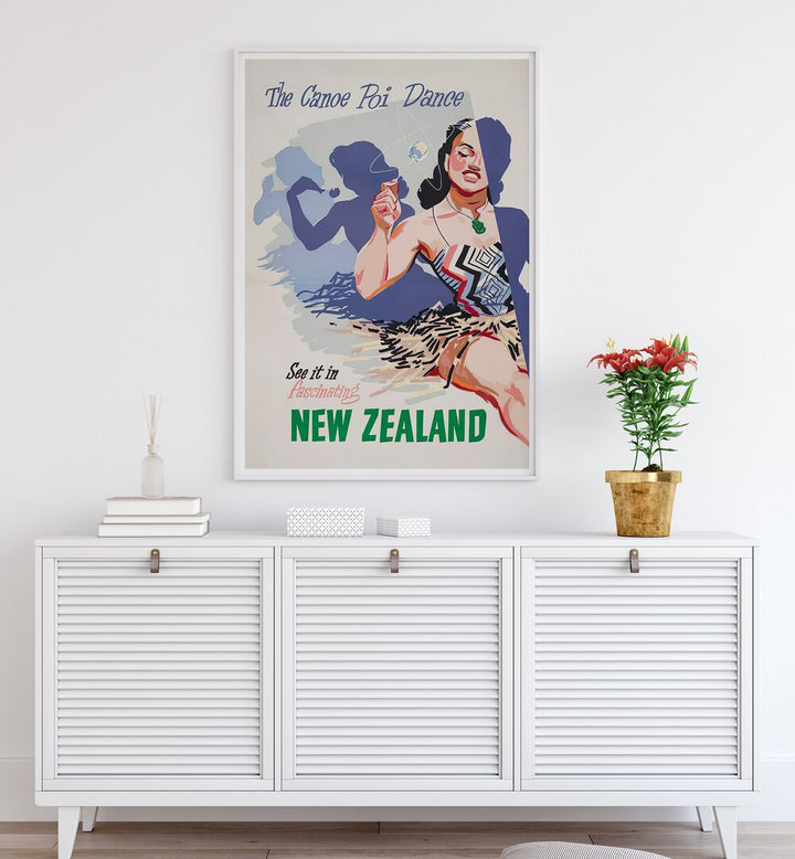 Canoe Poi Dance vintage travel poster showcasing the beauty of New Zealand III, VINTAGE TRAVEL POSTERS.
