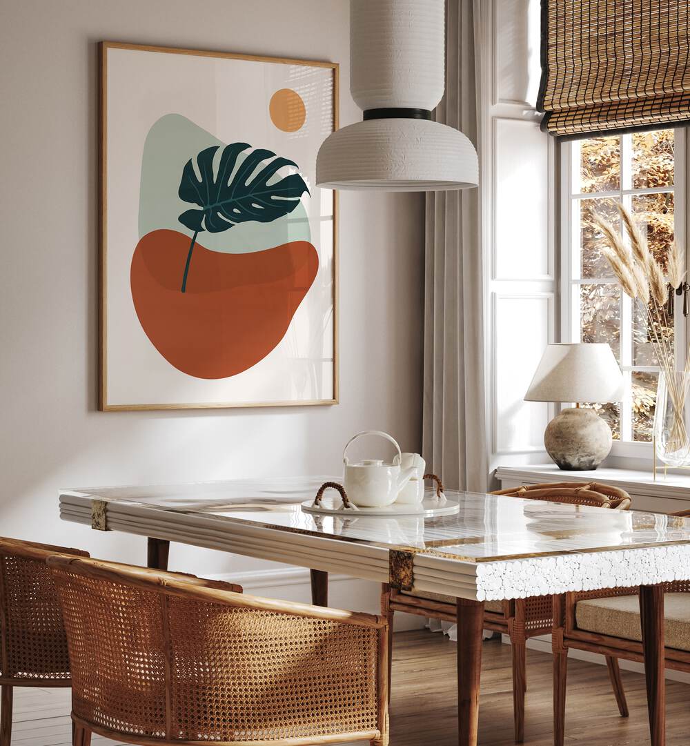 Stylish dining area featuring FLORAL COMPOSITION II, BOHO ART PAINTINGS for nature-inspired elegance. Perfect decor addition.