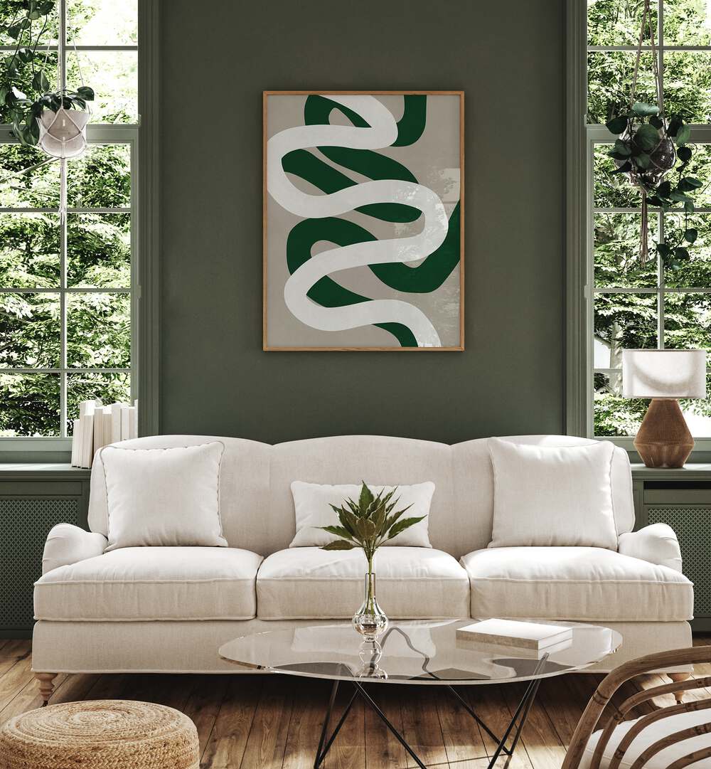 Modern living room featuring EXPRESSIONIST CURVES III, ABSTRACT PAINTINGS with dynamic shapes and colors. Perfect decor choice.