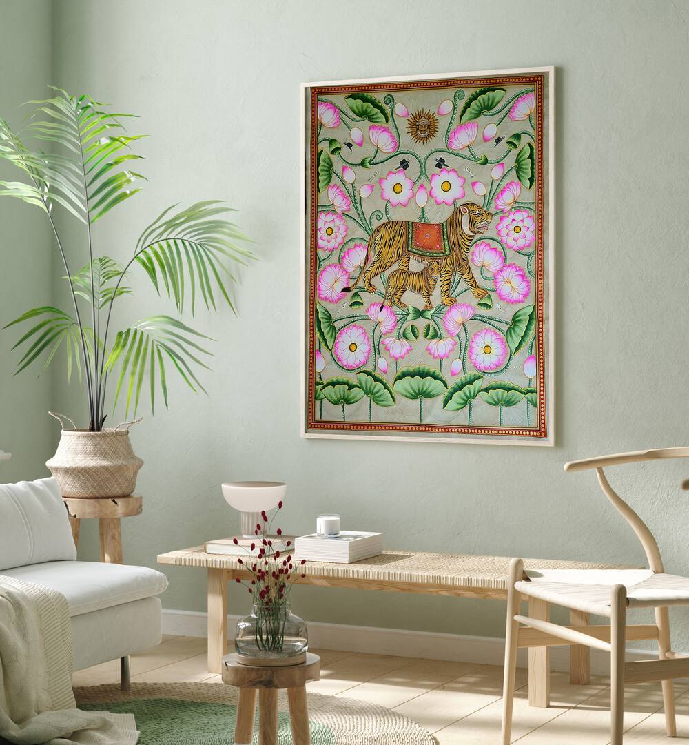 TIGRESS WITH CUB, INDIAN ART PAINTINGS beautifully captures a tigress and her cub amidst vibrant floral patterns.