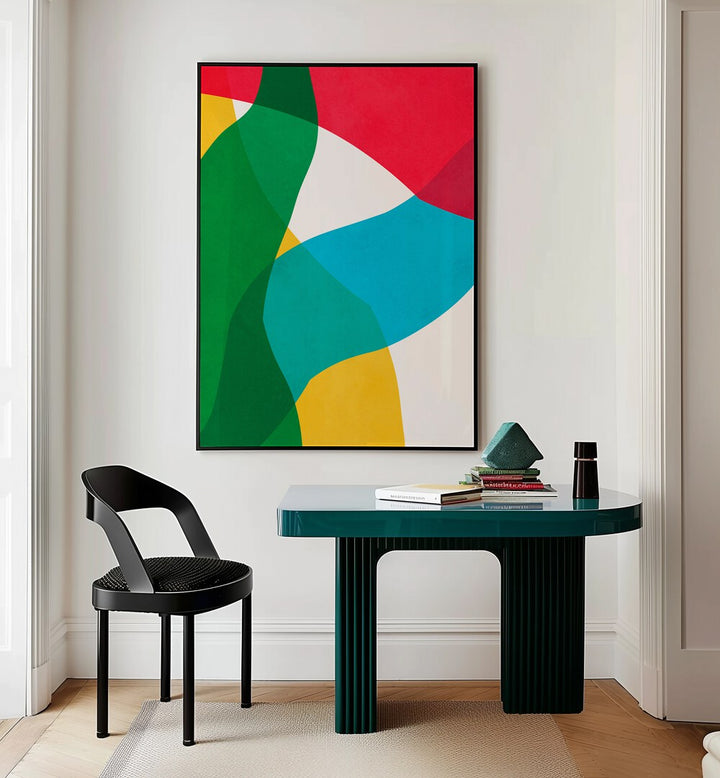 Vibrant EXPRESSIVE STROKES II, ABSTRACT PAINTINGS brighten up a modern workspace with dynamic colors and shapes.