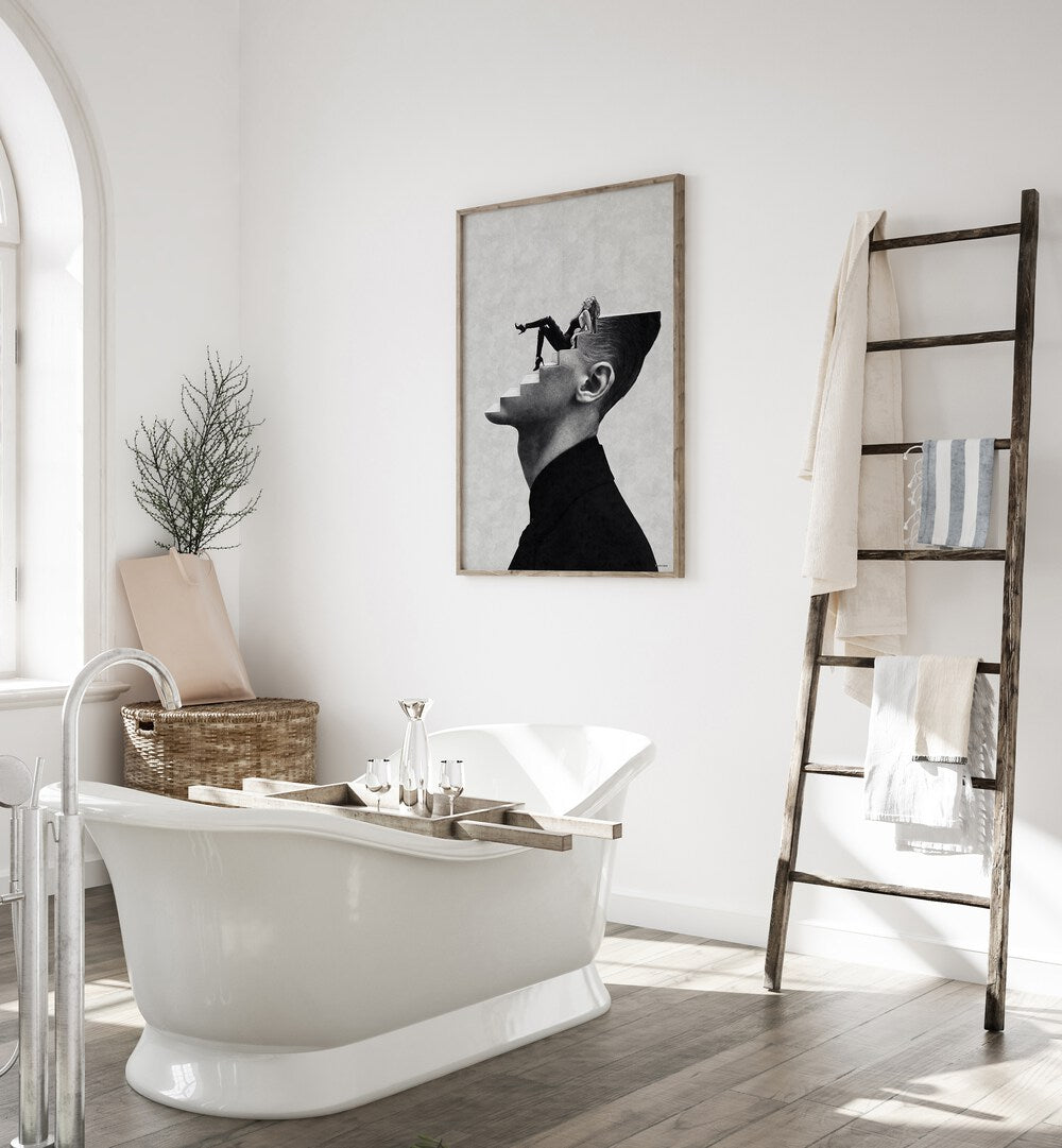 Explore "IT'S A WOMAN'S WORLD, SURREAL ART PRINTS" by Underdott, showcasing creativity in a stylish bathroom setting.