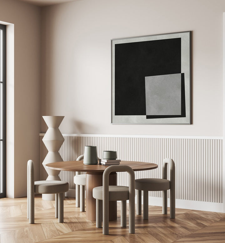 Elevate your home with MODERN SHAPES III, GEOMETRIC ART PRINTS, featuring a striking black and gray design.