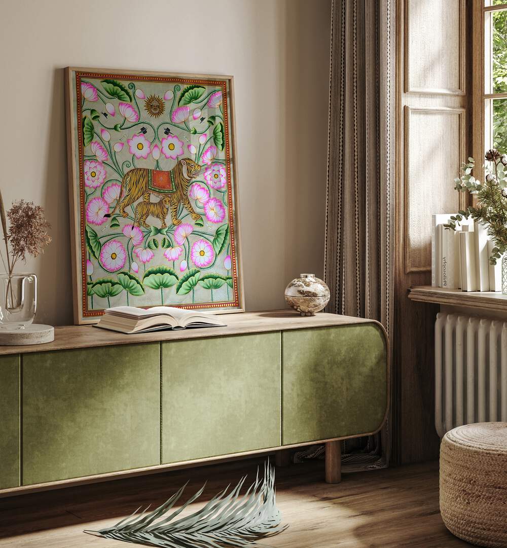 TIGRESS WITH CUB, INDIAN ART PAINTINGS beautifully displayed among vibrant flowers, showcasing nature's nurturing essence.