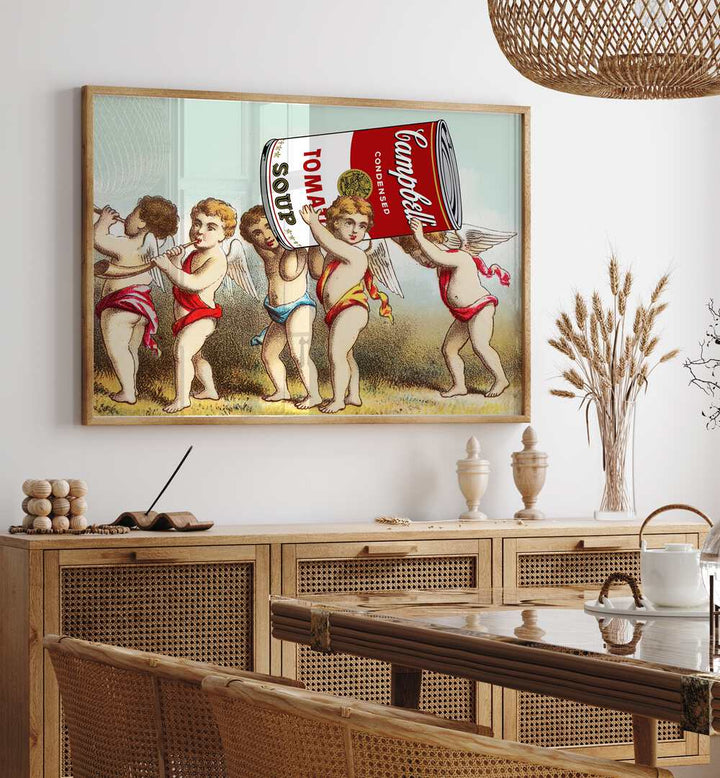 Delightful 'WE HAVE A SNACK, ALTERED ART PRINTS' by Dikhotomy featuring playful cherubs with a soup can.
