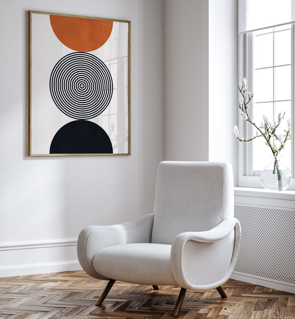 Modern living room featuring LINES AND CIRCLES XXIX, GEOMETRIC ART PRINTS, enhancing space with unique design.