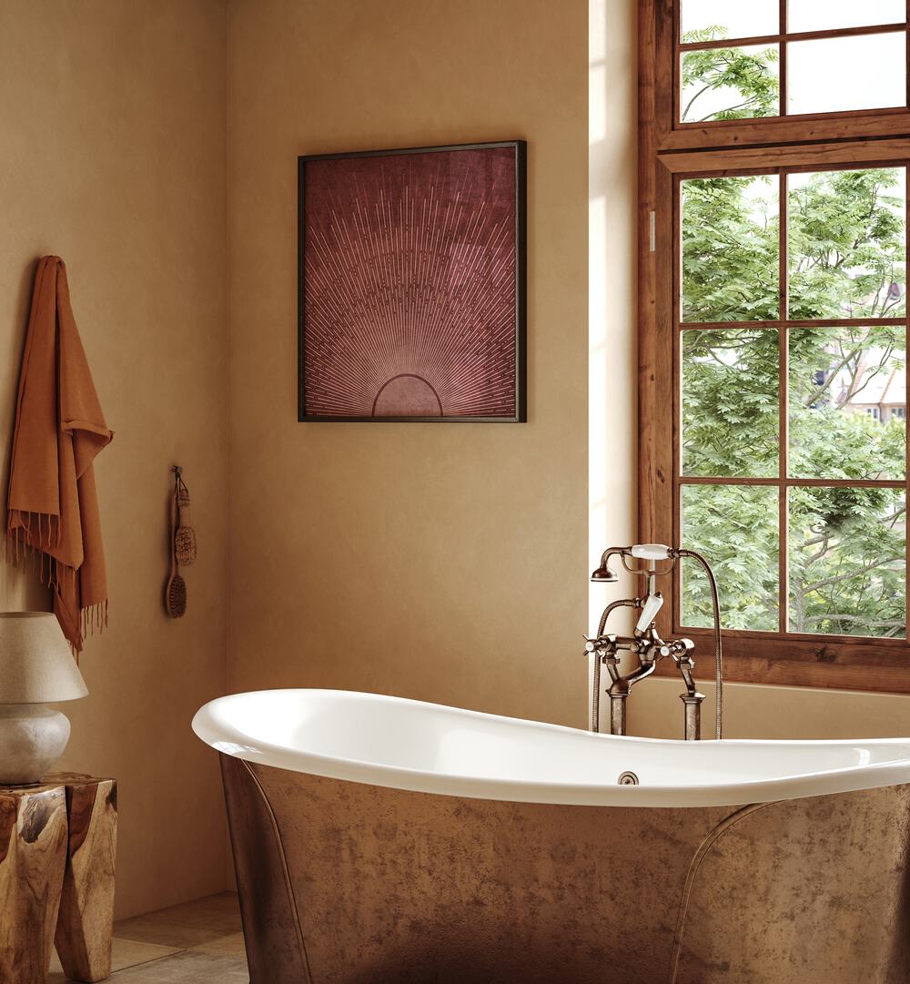 Relaxing bathroom scene featuring SUN JAPON LINES, BOHO ART PAINTINGS by Emel Tunaboylu, enhancing elegant decor.