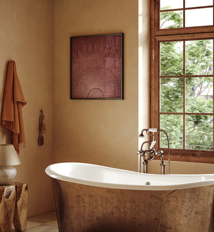 Relaxing bathroom scene featuring SUN JAPON LINES, BOHO ART PAINTINGS by Emel Tunaboylu, enhancing elegant decor.