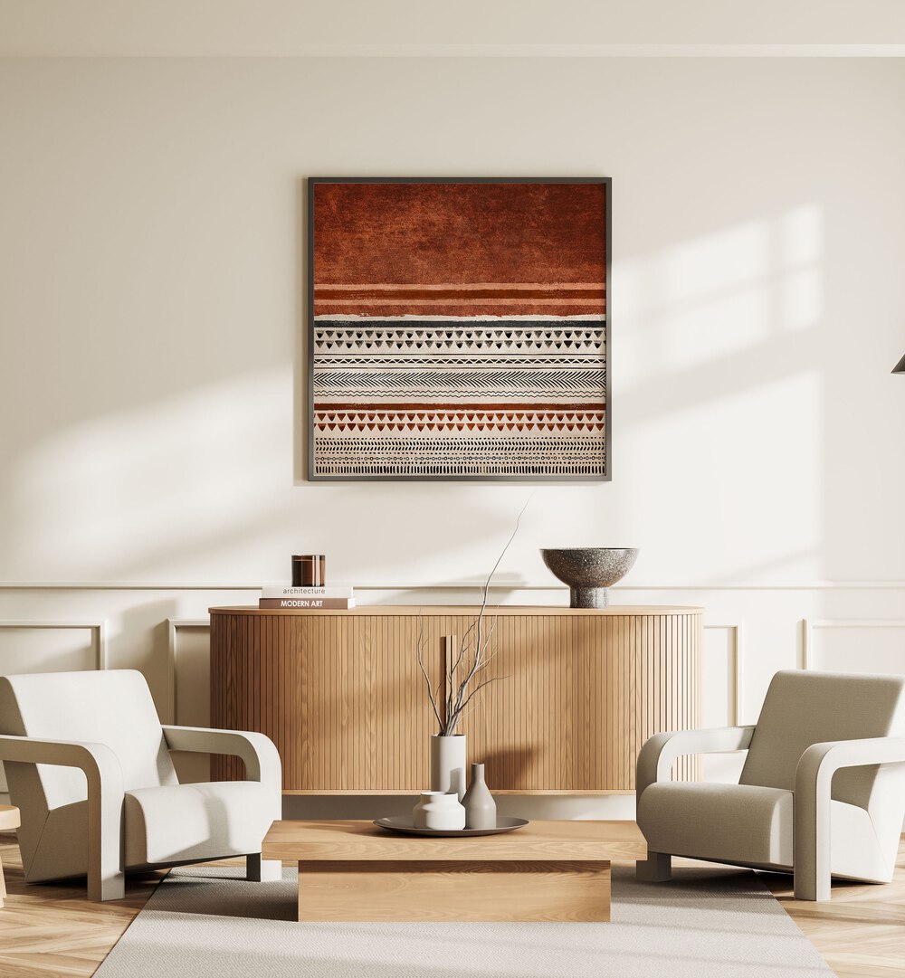 KILIM KIREMIT II, BOHO ART PAINTINGS adorns a stylish room, showcasing Emel Tunaboylu's vibrant artistry.