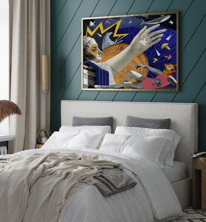 Stunning SPACE QUEEN, SURREAL ART PRINTS displayed in a stylish bedroom, enhancing modern space-themed decor.