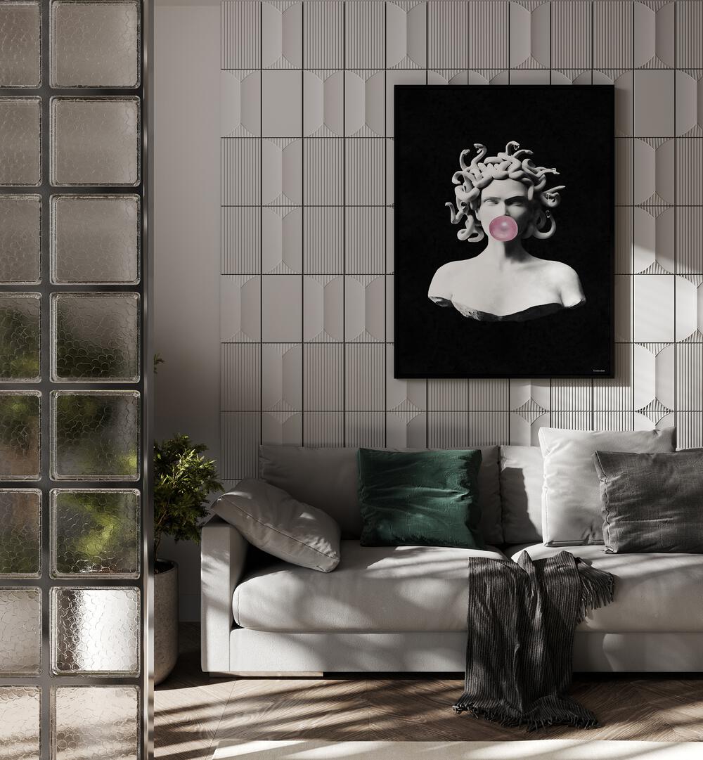Medusa Pink Bubblegum, Altered Art Prints by Underdott, features a whimsical Medusa blowing bubblegum in stylish decor.