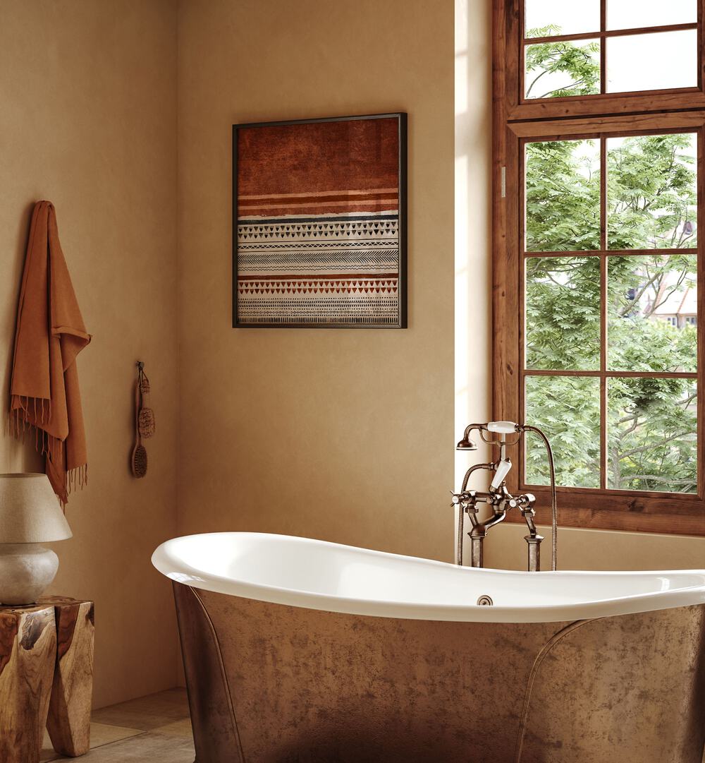 KILIM KIREMIT II, BOHO ART PAINTINGS brighten a stylish bathroom, enhancing modern decor with vibrant hues.