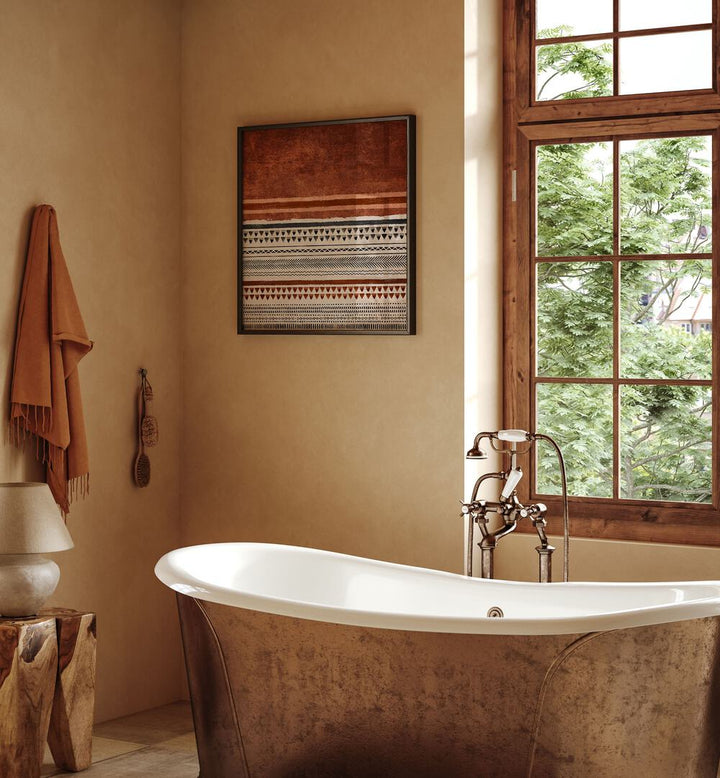 KILIM KIREMIT II, BOHO ART PAINTINGS brighten a stylish bathroom, enhancing modern decor with vibrant hues.