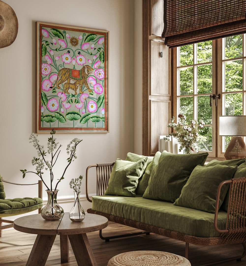 TIGRESS WITH CUB, INDIAN ART PAINTINGS beautifully adorns a cozy living space, showcasing maternal beauty and strength.