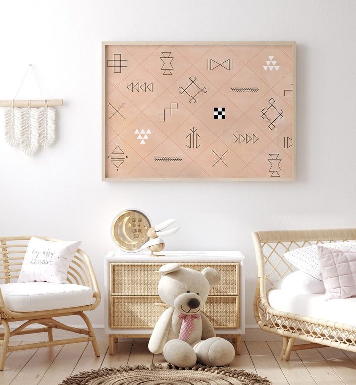 Stylish living room featuring SYMBOLS, BOHO ART PAINTINGS by Elena Ristova, enhancing modern decor with geometric designs.