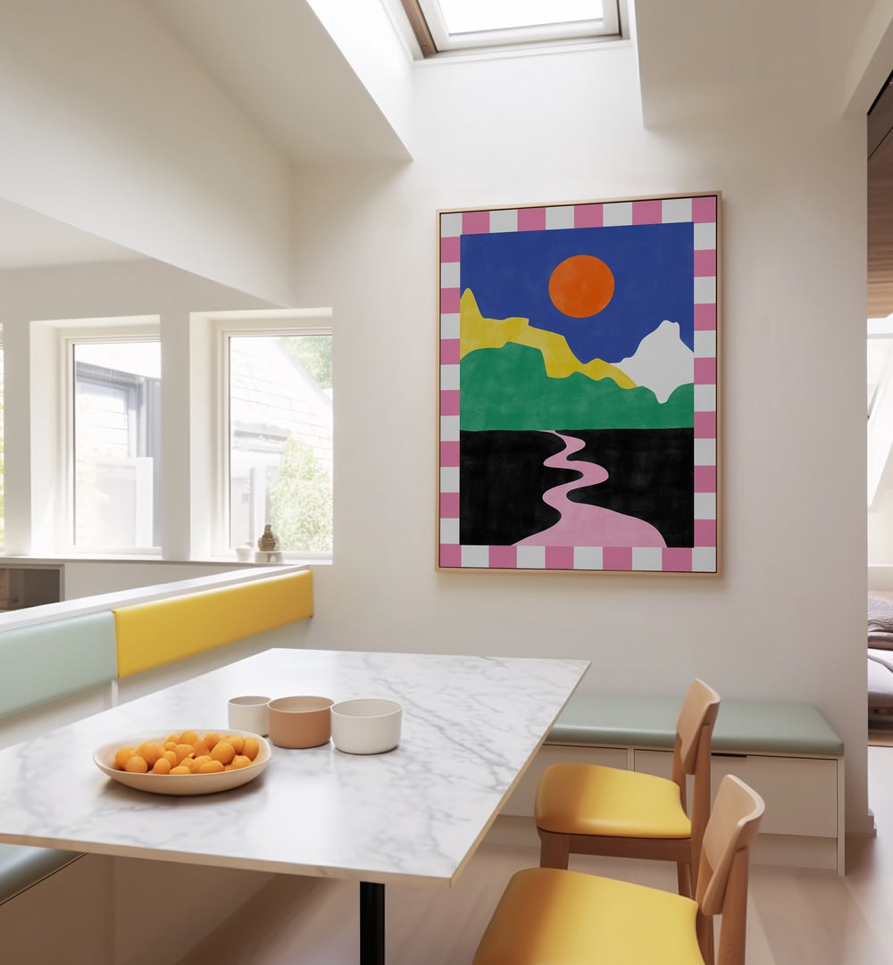 Colorful interior featuring PINK ROAD, LANDSCAPE PAINTINGS by Elena Ristova, enhancing your living space's atmosphere.