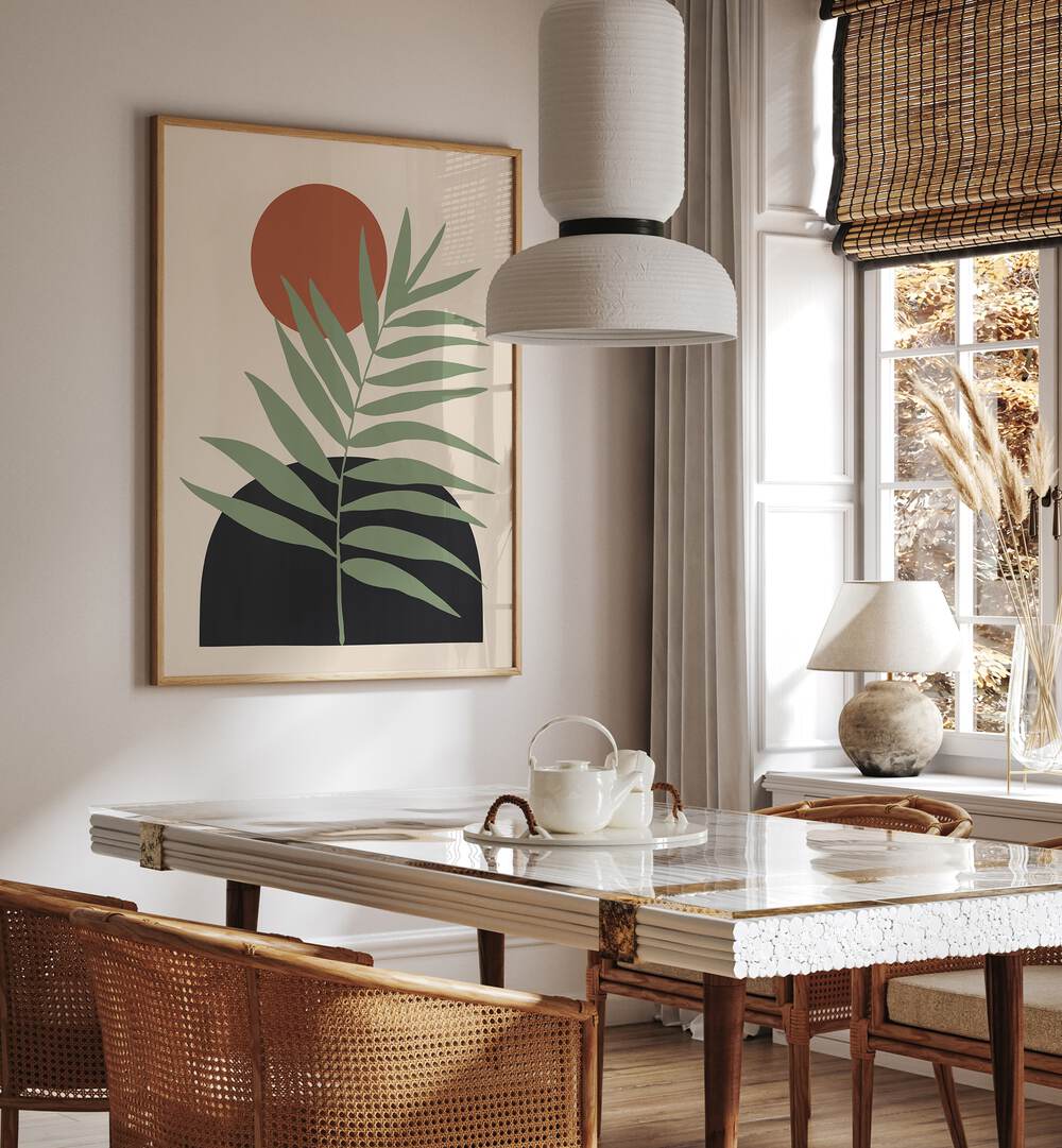 Vibrant FLORAL COMPOSITION III, BOHO ART PAINTINGS enhancing a stylish dining space with elegant decor.