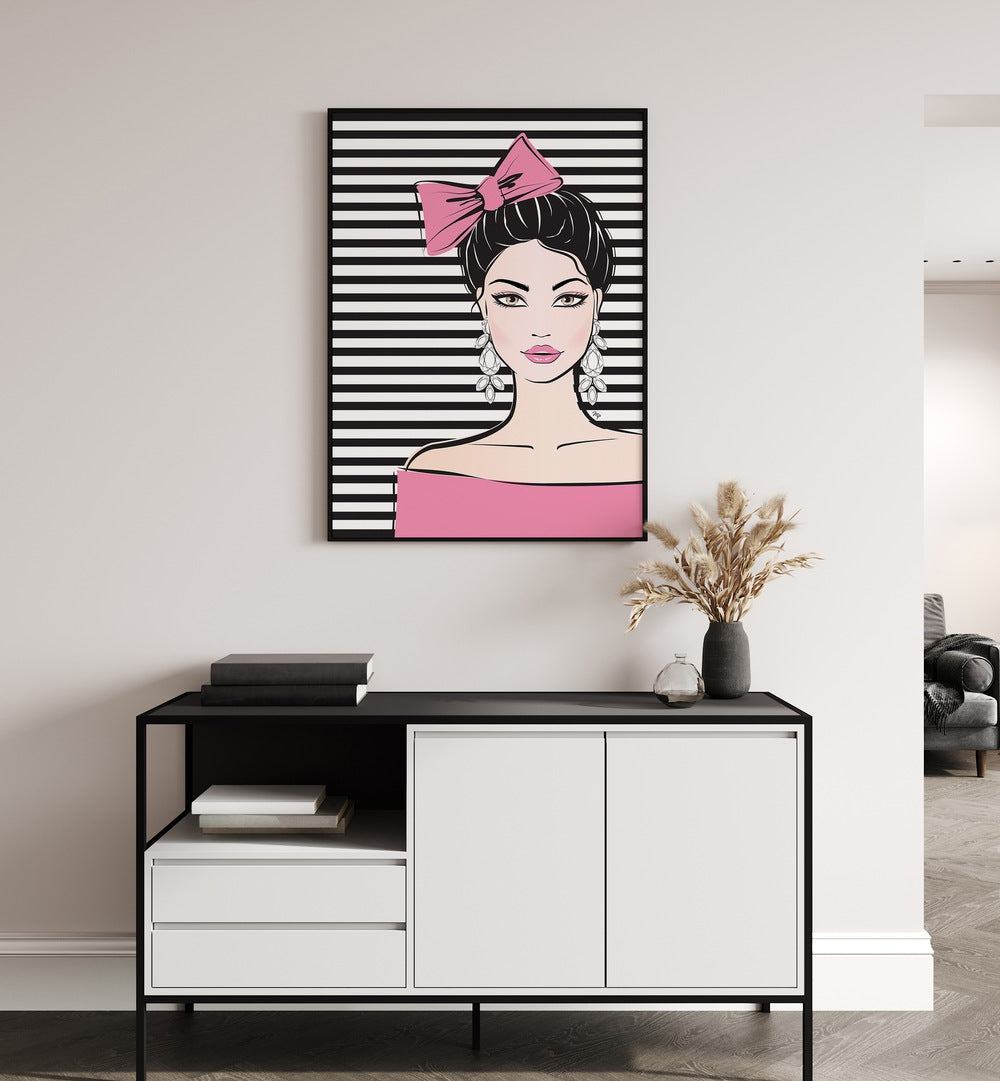 Stylish BOW GIRL FASHION POSTERS by Martina adorn a modern wall, showcasing contemporary artistic allure.