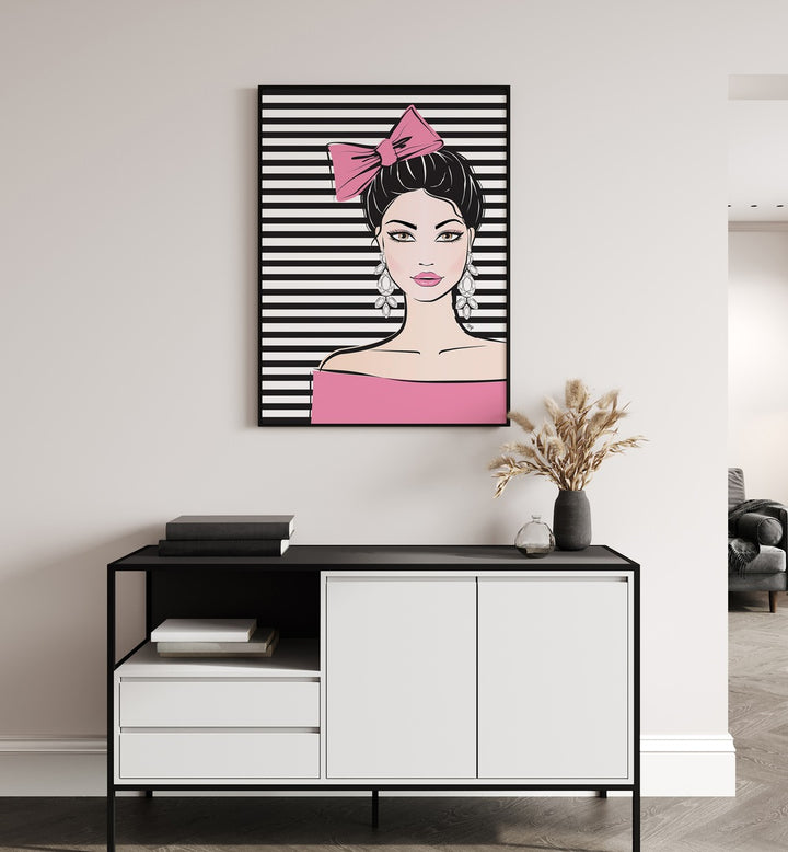 Stylish BOW GIRL FASHION POSTERS by Martina adorn a modern wall, showcasing contemporary artistic allure.