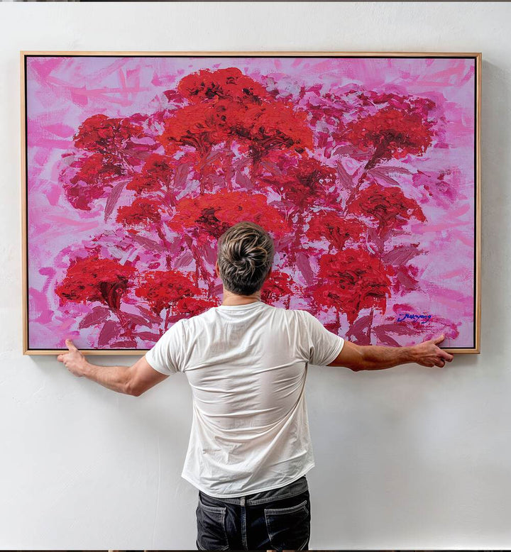 Vibrant COCKSCOMB CANVAS, FLORAL FLOWER PAINTINGS showcased in a stylish setting, perfect for any art lover's home.