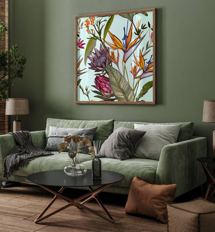 Vibrant PROTEAS AND IRIS, FLORAL FLOWER PAINTINGS enhance a stylish living room with nature’s beauty and color.