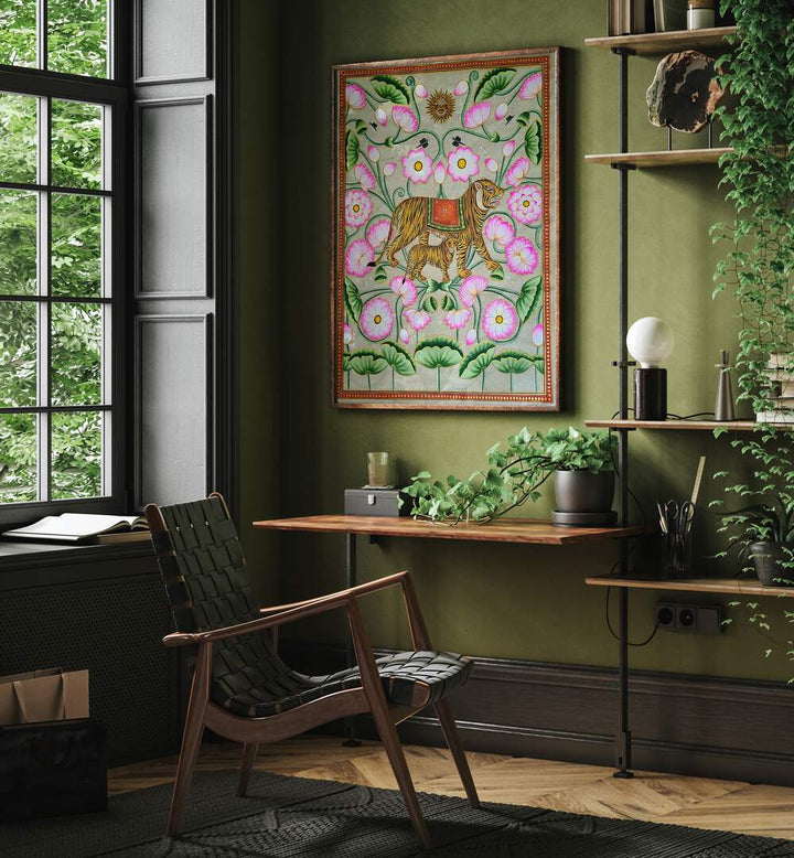 TIGRESS WITH CUB, INDIAN ART PAINTINGS beautifully displayed in a serene indoor setting, showcasing vibrant artistry.