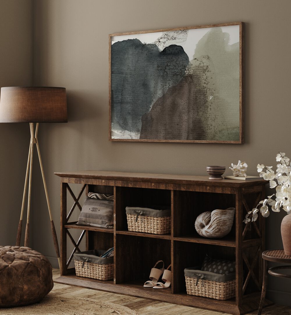 Organic Shapes Earthy, abstract paintings adorn a stylish home setting, blending nature’s hues with elegant decor.