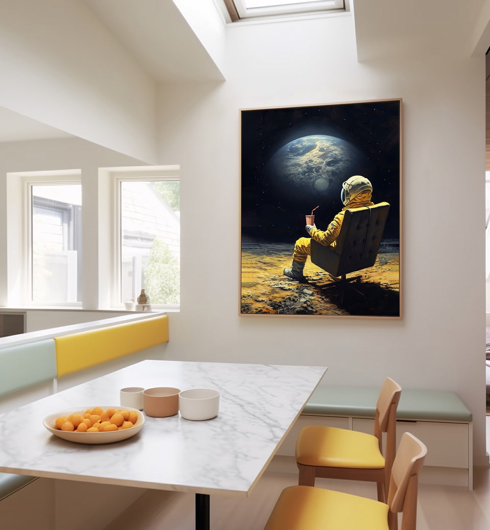 Dikhotomy's MOON BREAK, ALTERED ART PRINTS features an astronaut enjoying a surreal view of Earth from the moon.