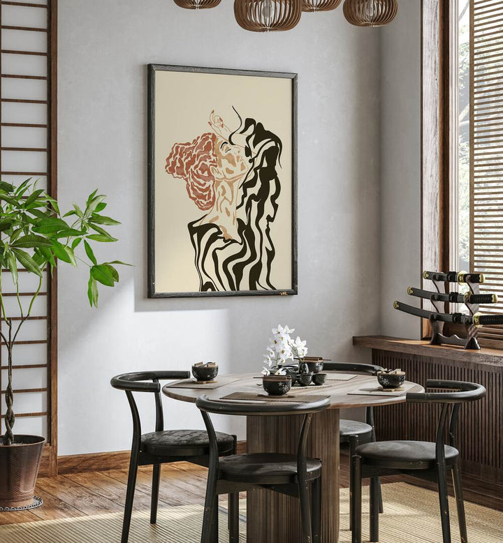 Elegant boho art painting featuring a woman in a striped blouse, perfect for adding style to any space.