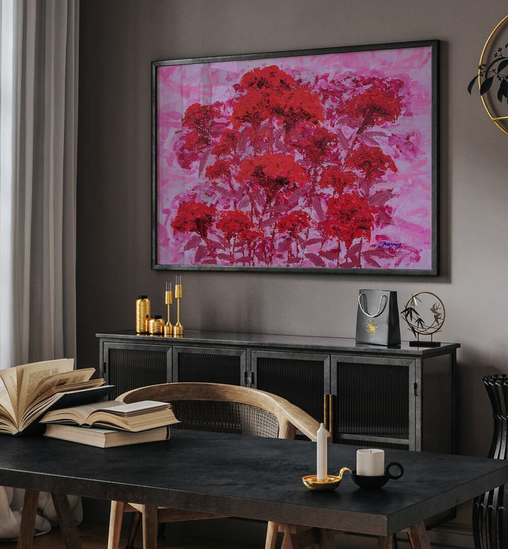 Vibrant COCKSCOMB CANVAS, FLORAL FLOWER PAINTINGS enhancing modern decor with bold red hues and artistic flair.