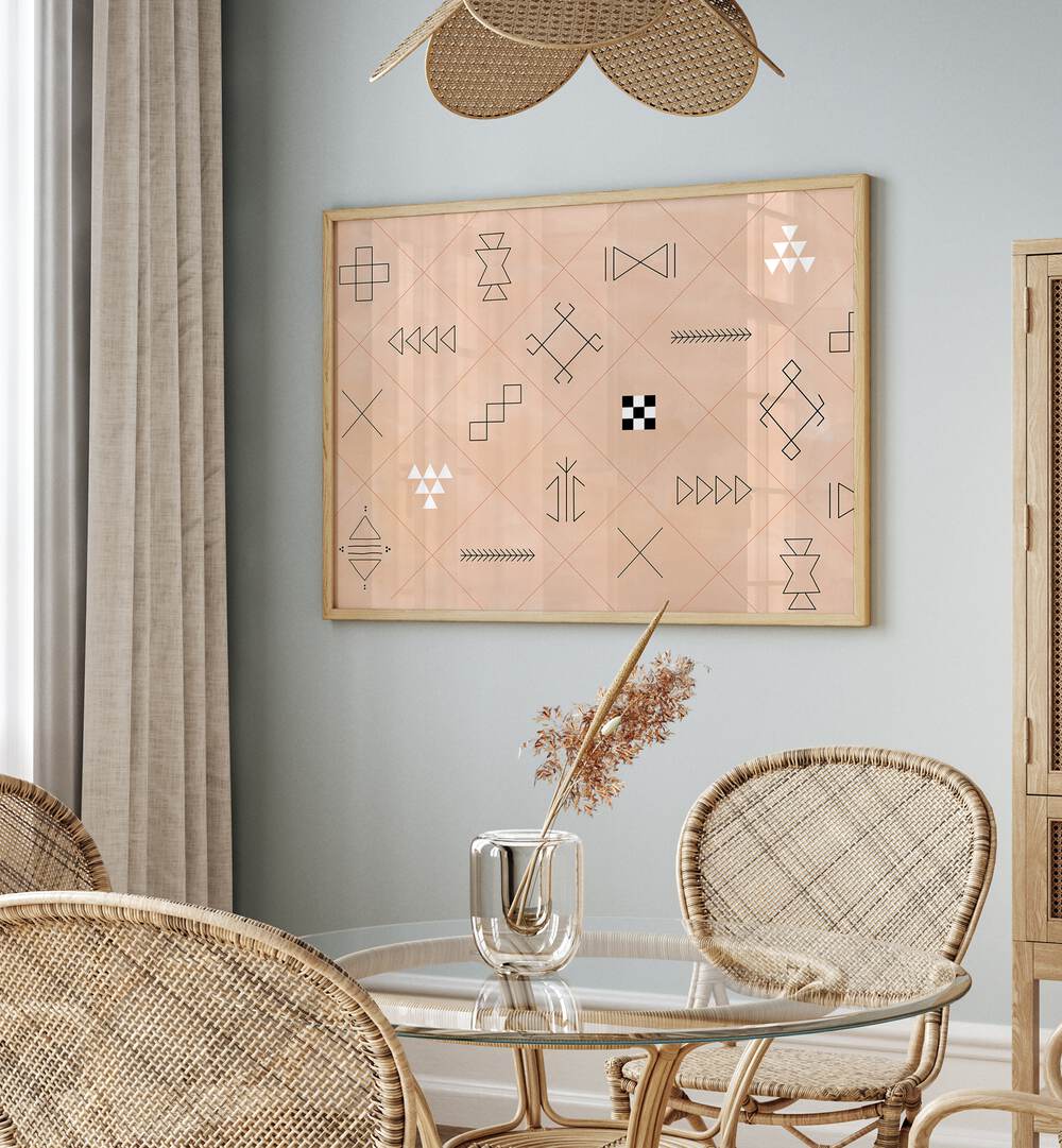 Stylish SYMBOLS, BOHO ART PAINTINGS in a modern living space, featuring geometric designs by Elena Ristova.